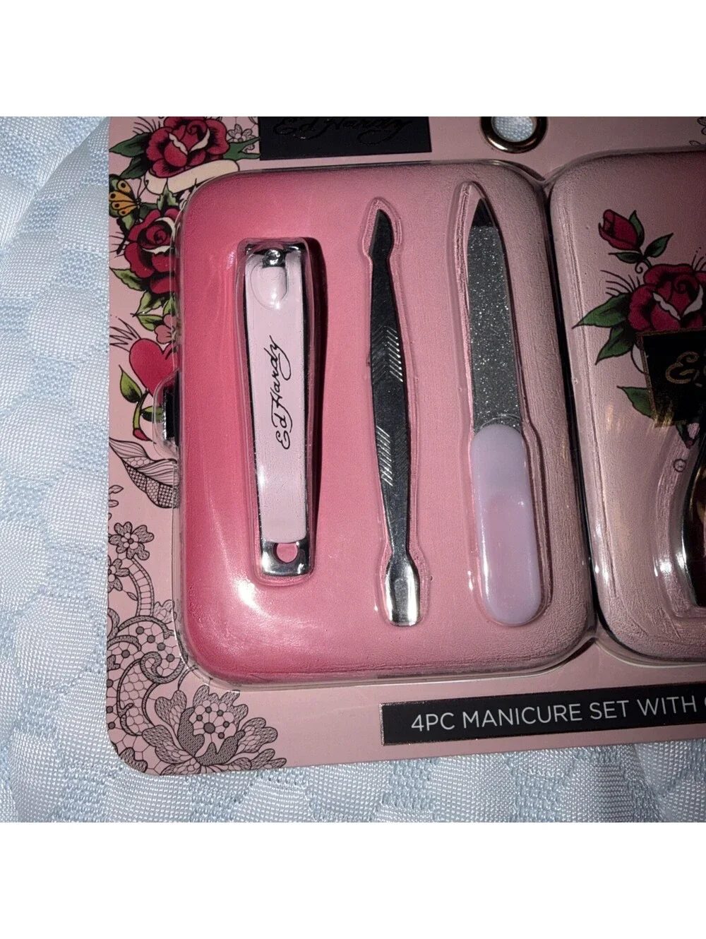 NEW Ed Hardy Pink Roses 4PC Manicure w/Case